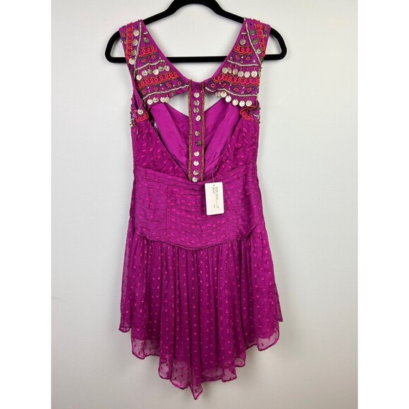 NWT Free People Jeweled Chevron Mini Dress Fuchsia Pink Beaded Swiss Dot 4 Flaw - Picture 6 of 16